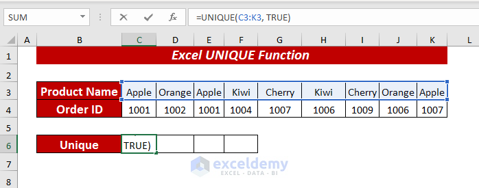 Using Excel UNIQUE Function to Get Unique Values in A Row