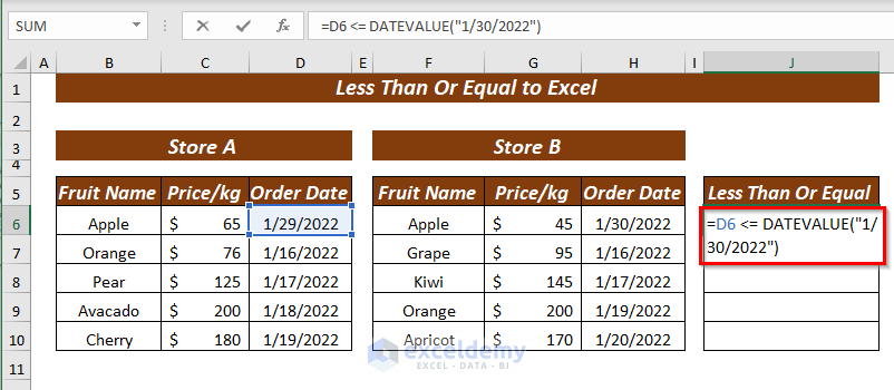Compare Dates Using DATEVALUE with Less Than Or Equal to Operator in Excel