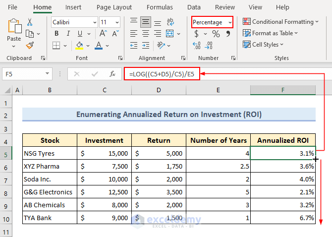 Calculating annualized ROI using LOG function in Excel