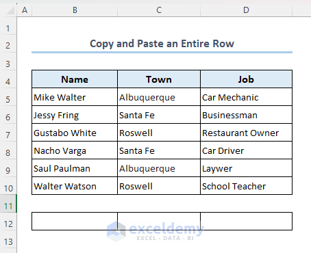 Dataset to copy and paste an entire row using VBA