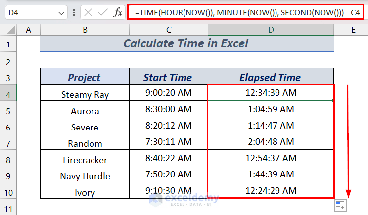 Using Fill Handle tool for Calculating Elapsed Time Using TIME Function