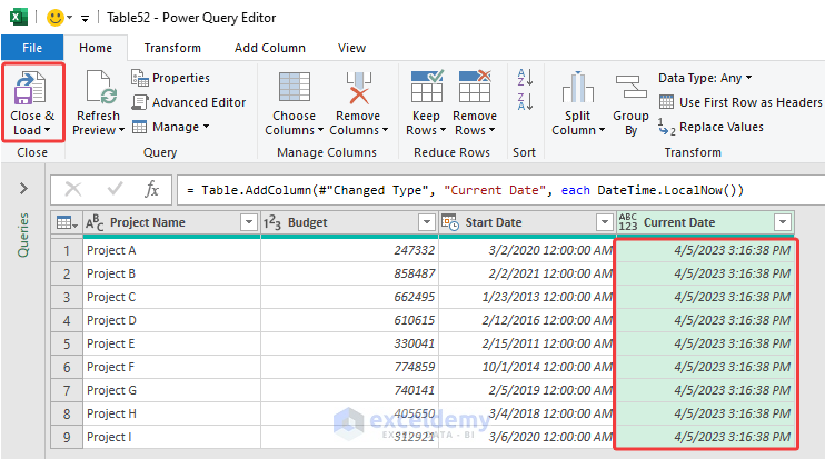 15-Output after inserting current date in Power Query