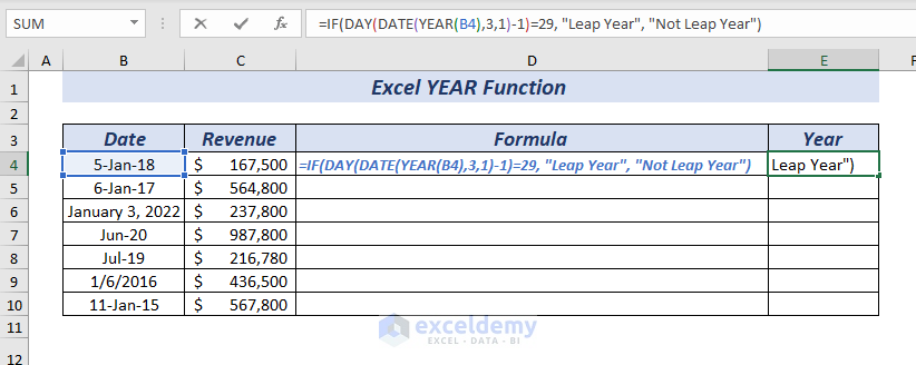 Using YEAR Function to Calculate Leap Year in Excel