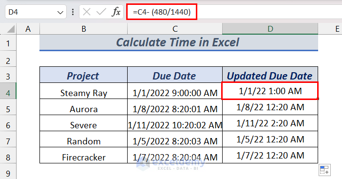 Subtract Time Under or Over 60 Minutes in Excel