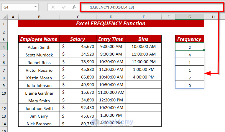Using Excel FREQUENCE Function to Find Frequent Values for Time
