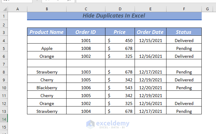 Hide Duplicates Using Condition in Excel