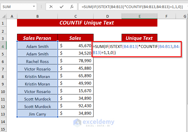 Using SUM & COUNTIF Function to Count Unique Text (Only Occurred Once)