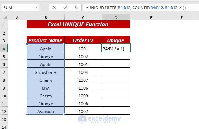 Using Excel UNIQUE Function to Find Distinct Values That Occur More Than Once