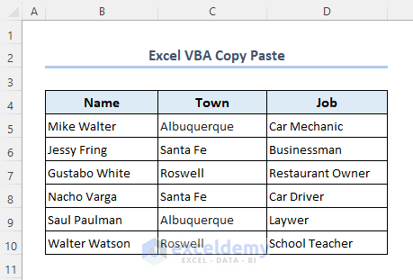 Dataset of Excel VBA copy paste