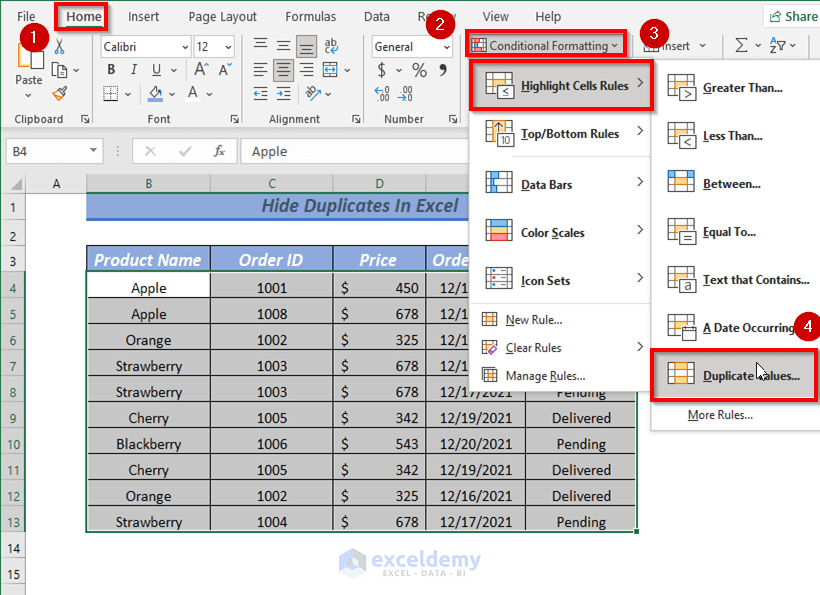Using Conditional Formatting to Hide Duplicates