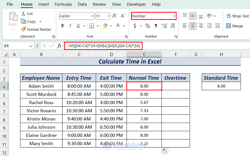 Using IF and SUM function to calculate normal time in Excel