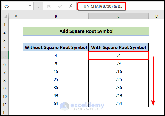 Insert Square Root Symbol in Excel