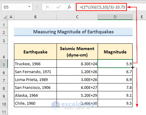Measuring earthquake magnitude based on LOG function in Excel