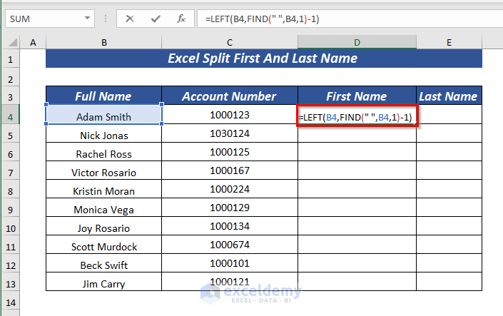 Using LEFT & FIND Function to Split First Name in Excel