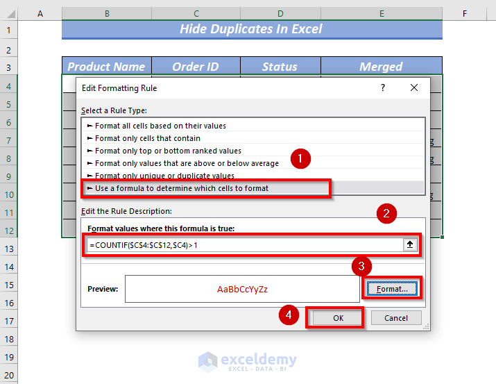Using COUNTIF & Context Menu to Hide Duplicates in Excel