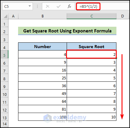 Get Square Root Using the Exponent Formula
