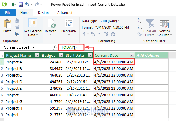 21-Inserting TODAY function in Power Pivot