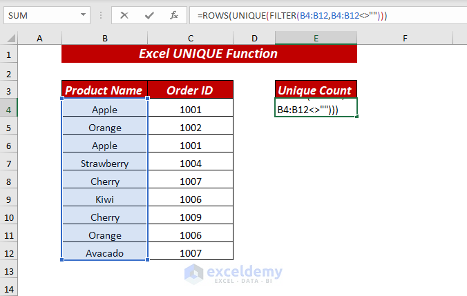Using Excel UNIQUE Function to Count Unique Values