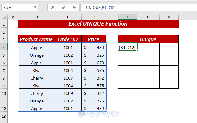 Using Excel UNIQUE Function to Find Unique Values From Multiple Columns