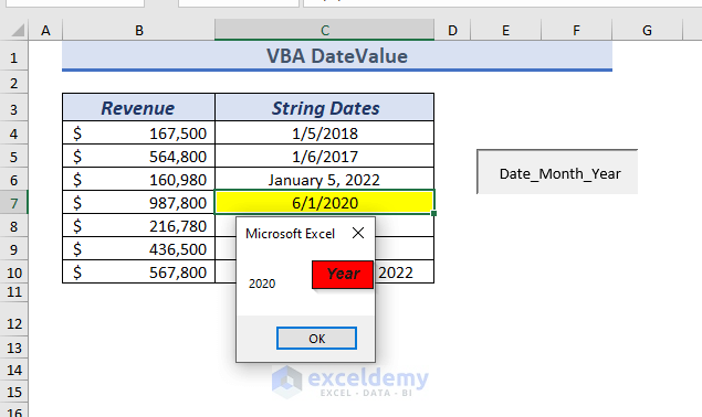 Using Excel VBA DateValue Function to Convert String/Text Date into Date, Month & Year