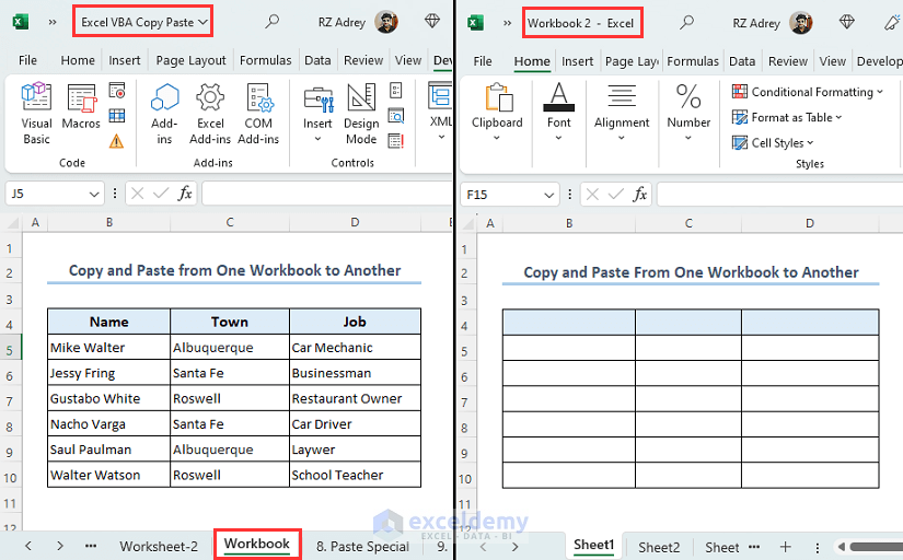 Image showing the worksheets of the two workbooks