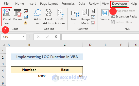 Selecting Visual Basic feature from the Developer tab