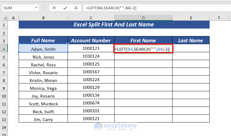 Using LEFT & SEARCH Function to Split First Name in Excel