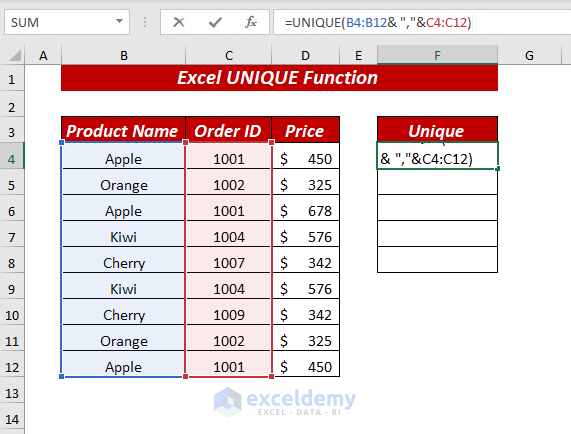 Using Excel UNIQUE Function to Find Unique Values from Multiple Columns and Concatenate into One Cell