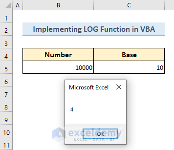 Output after implementing LOG function in Excel VBA