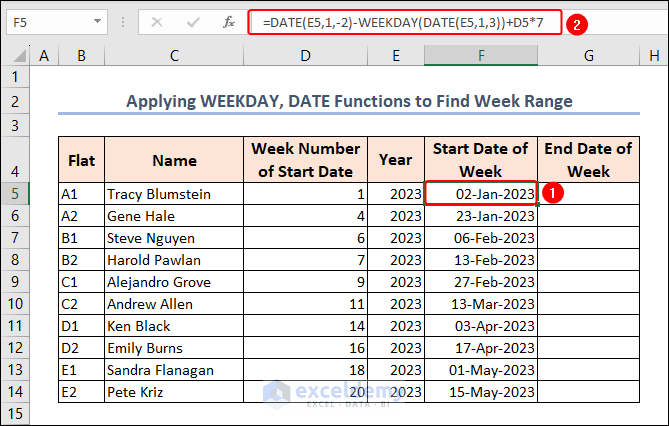 start date of a week in Excel