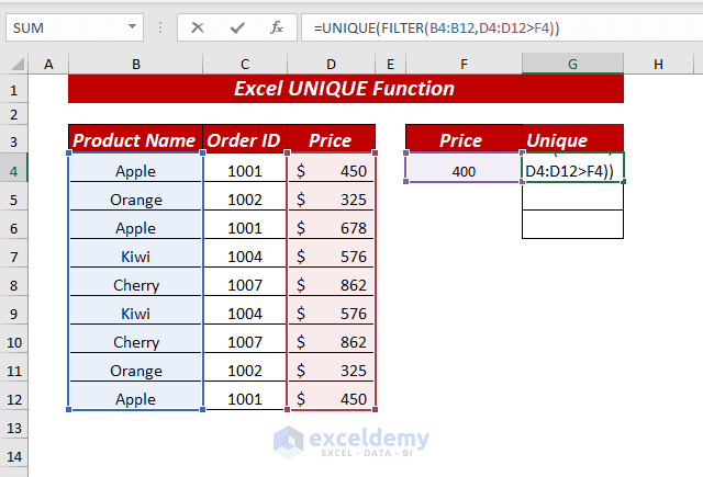 Using Excel UNIQUE Function to Find List of Unique Values Depending on Criteria