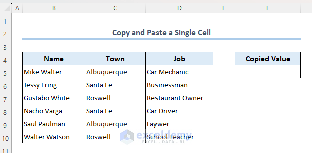 Modified dataset to copy and paste a single cell