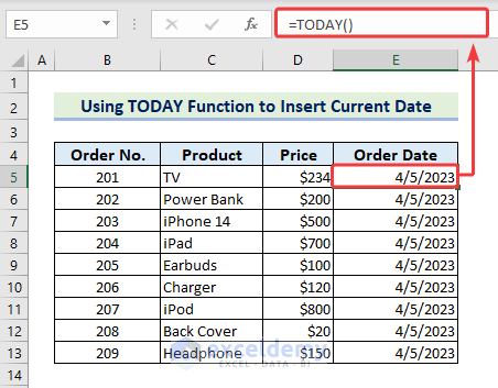 3-Using TODAY function to insert current date