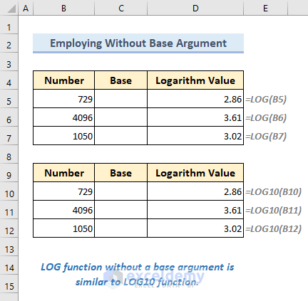 Using the LOG function without base argument in Excel