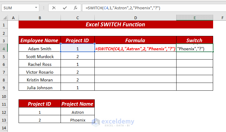 Using Excel SWITCH Function to Switch Corresponding Cell Values