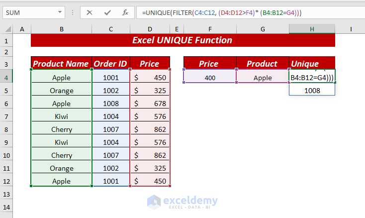 Using Excel UNIQUE Function to Find Filter Unique Values Based on Multiple Criteria