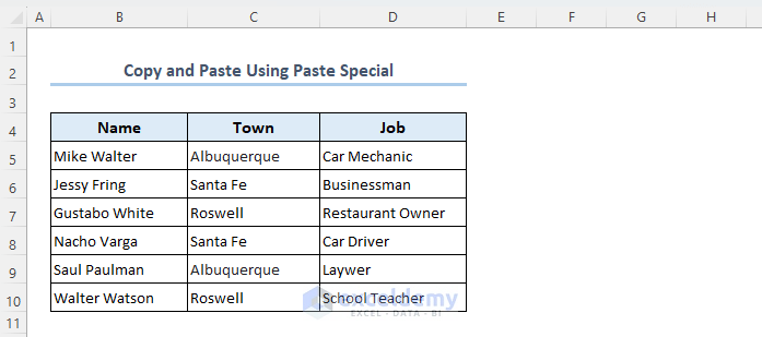 Dataset to copy and paste using paste special in VBA