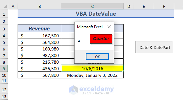 Using Excel VBA DateValue & DatePart Function