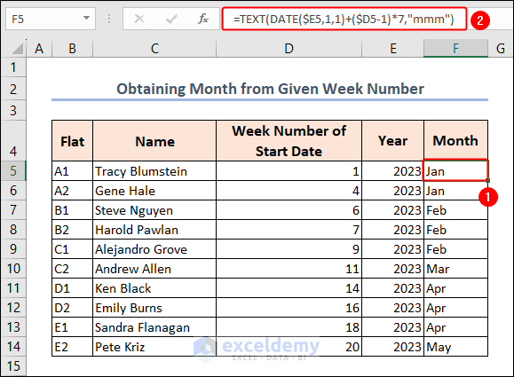 obtaining month from week number of a year in Excel