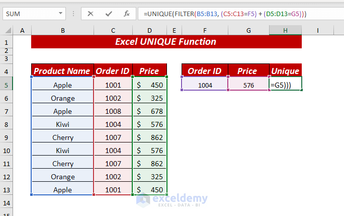 Using Excel UNIQUE Function to Filter Unique Values Based on Multiple OR Criteria