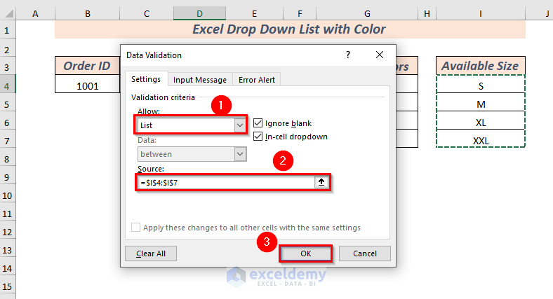 Using Table in Excel Drop Down List with Color