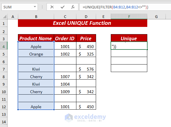 Using Excel UNIQUE Function to Get Unique Values Ignoring Blanks