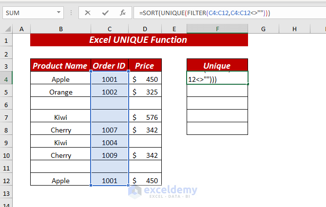 Using Excel UNIQUE & SORT Function to Ignore Blanks & Sort