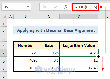 Applying the LOG function with decimal base argument