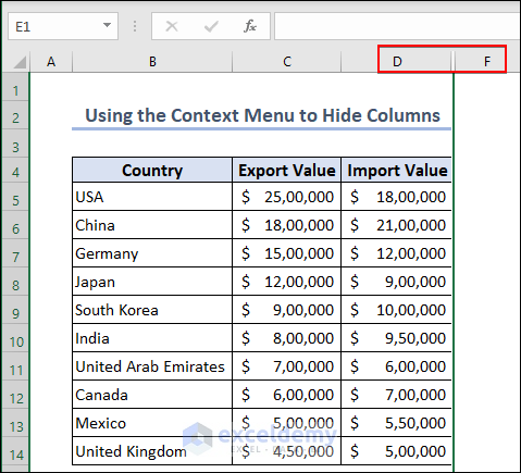 Hidden Column in Excel