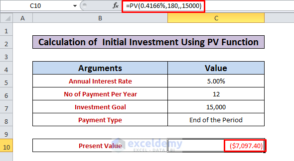 the PV function in Excel