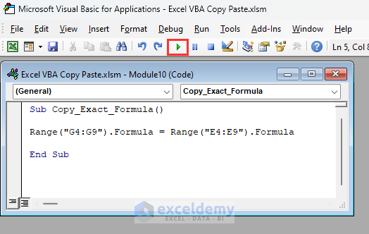 VBA code to copy and paste formula