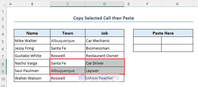 Dataset to copy selected cell then paste