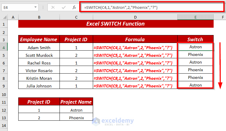 Using Excel SWITCH Function to Switch Corresponding Cell Values