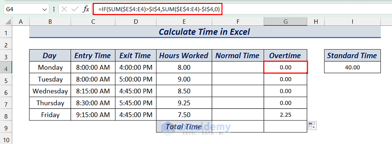 Using SUM and IF function to calculate Over time in Excel weekly time sheet